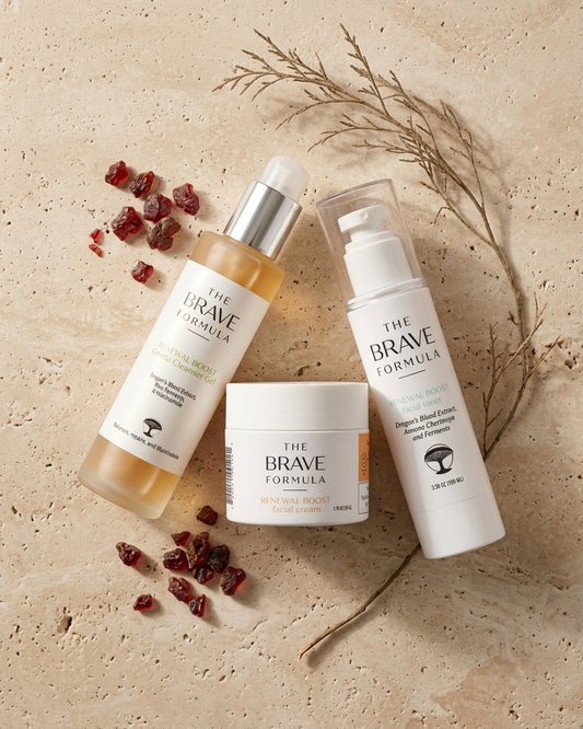 Premium Renewal Boost Facial Cream by The Brave Formula placed beautifully on a clean, minimal background, emphasizing premium clean skincare for women.